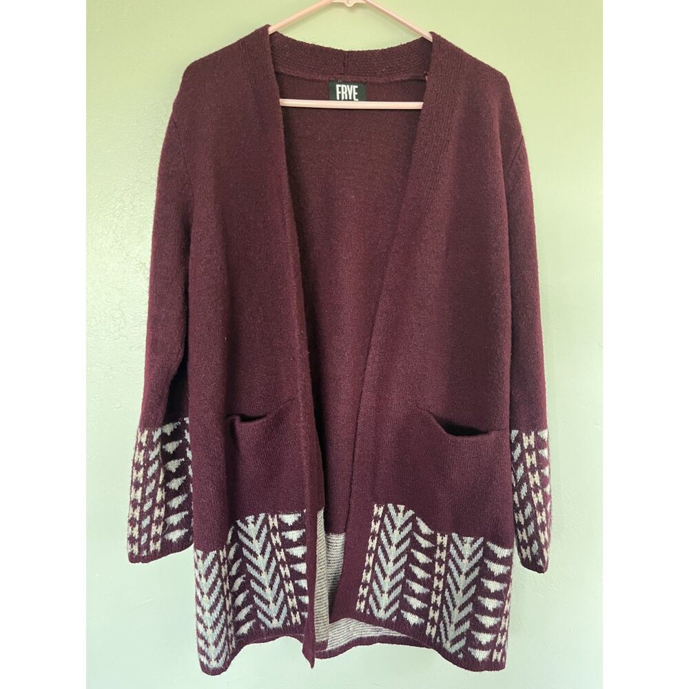 FRYE The Cozy Cardigan Burgundy Sweater Geometric Boho Size M